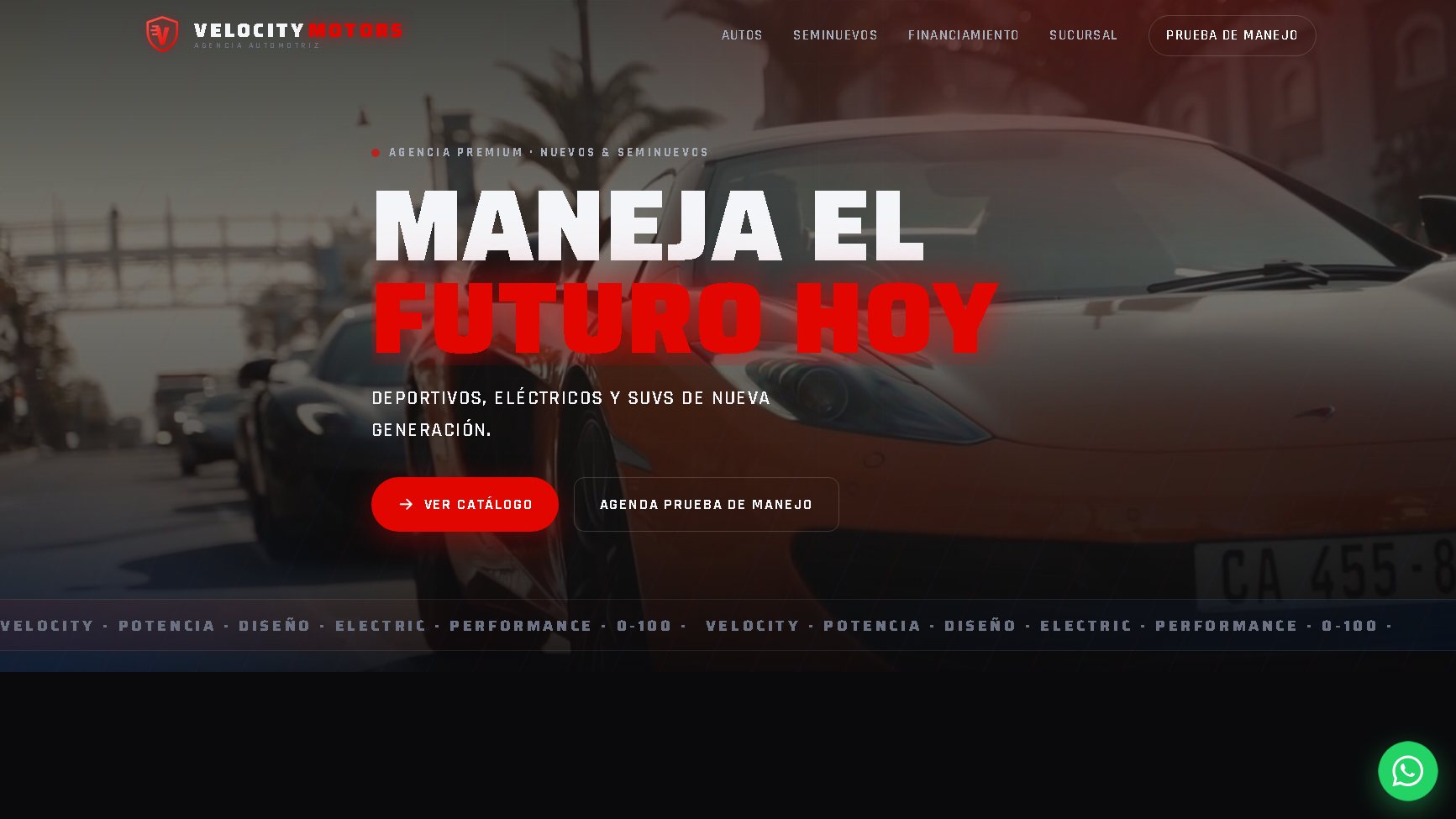 Sitio web de Velocity Motors — agencia de autos deportivos y eléctricos