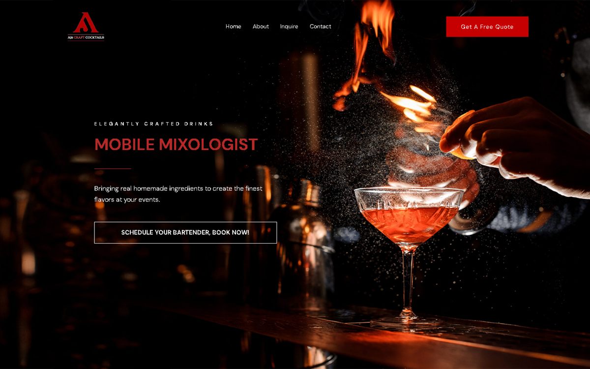 Sitio web AJ's Craft Cocktails — bartender móvil y mixología premium para eventos