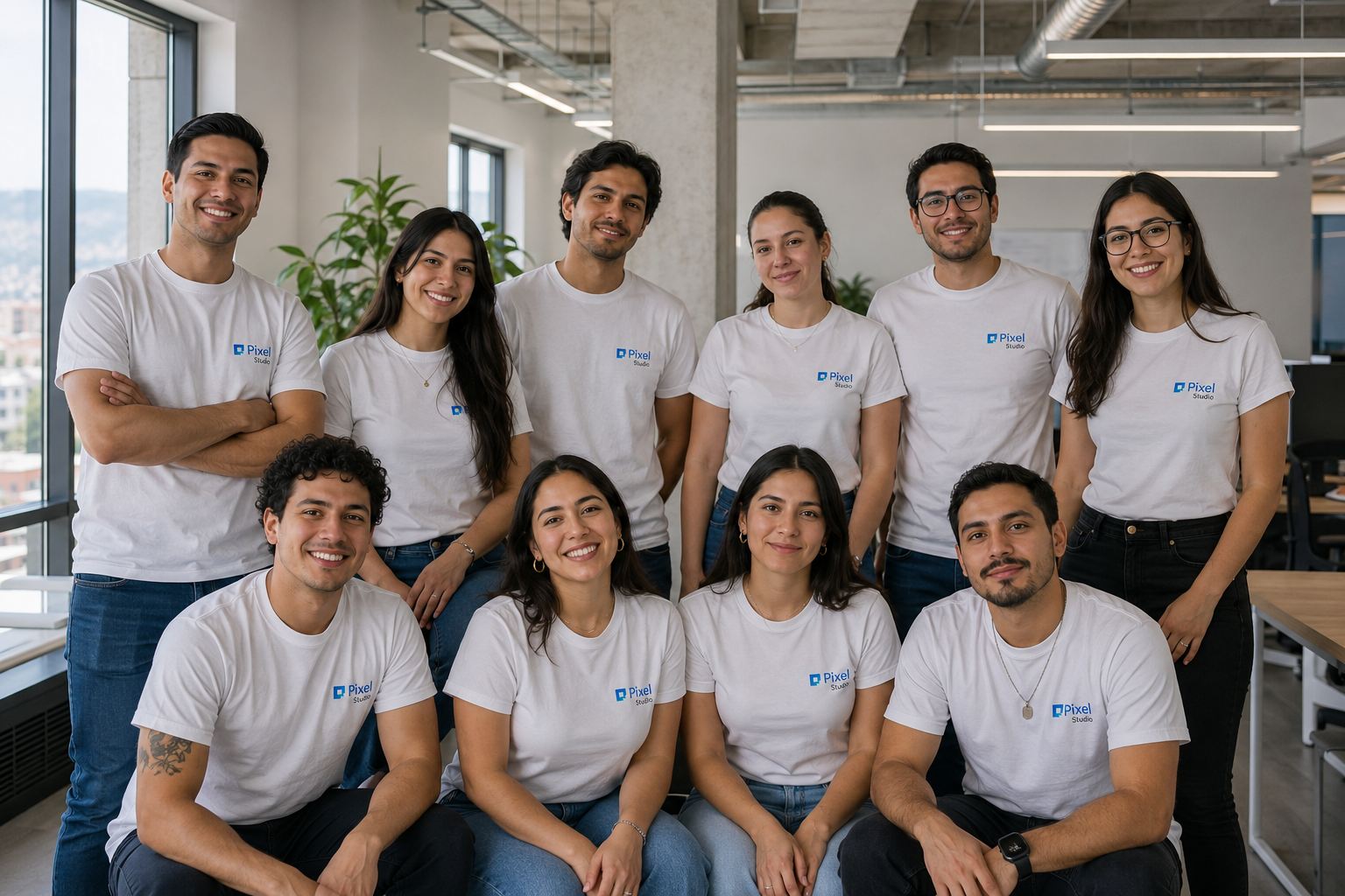 Equipo de Pixel Studio: diez creativos mexicanos —diseñadores, ingenieros, estrategas— posando juntos en su estudio en CDMX, todos con playera blanca del logo Pixel Studio